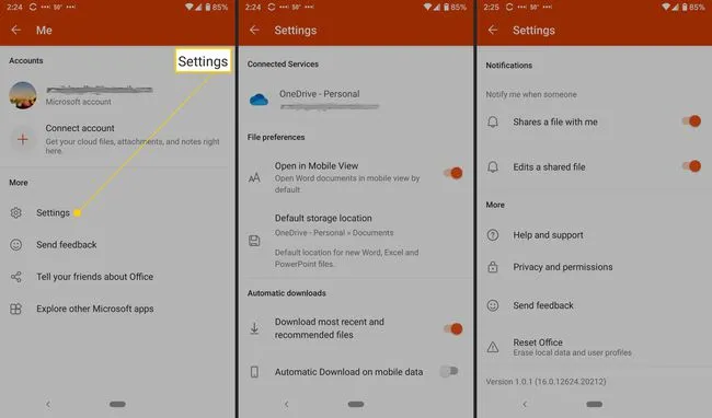 Настройки приложения Office в Android