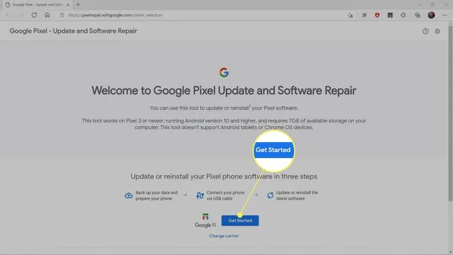 На веб-сайте ремонта Google Pixel выделено 'Начать'