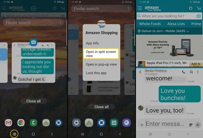 Скриншоты, показывающие, как использовать режим разделенного экрана на Samsung Android