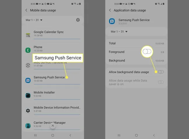 Отключите Samsung Push Service и Разрешить фоновое использование данных в Настройках Samsung